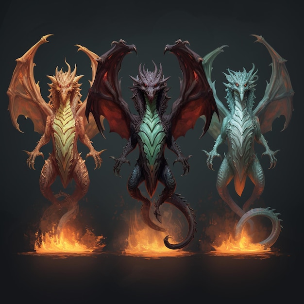 tre teste di drago di colore diverso vengono mostrate in fila ai generative