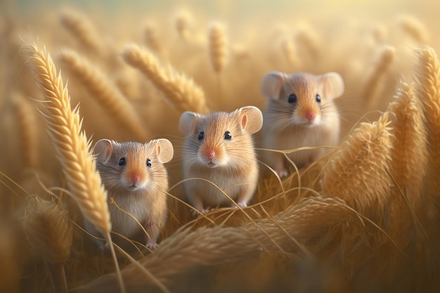 Tre topolini nel primo piano del campo di grano Concetto di agricoltura IA generativa