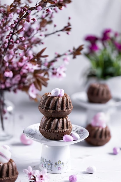 Tre torte di mousse al cioccolato su un supporto per torta bianco con fiori rosa sullo sfondo.