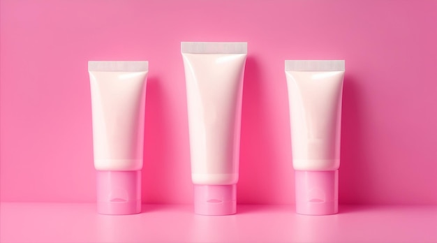 Tre tubi vuoti di crema per il corpo su sfondo rosa IA generativa