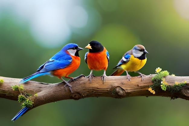 Tre uccelli su un ramo con uno sfondo verde