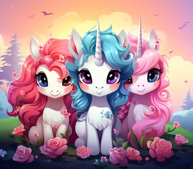 tre unicorni con capelli lunghi e criniere rosa e blu generative ai