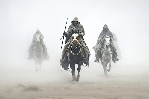 Tre uomini a cavallo nella polvere