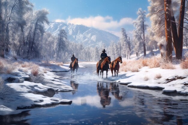 Tre uomini a cavallo stanno attraversando un ruscello innevato.