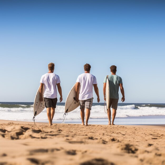 tre uomini che camminano sulla spiaggia con le tavole da surf in mano ai generativa