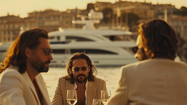 Tre uomini eleganti che si godono un drink al tramonto presso il porto turistico casual ma elegante una tranquilla riunione all'aperto con uno yacht di lusso sullo sfondo stile di vita ricreativo catturato dall'AI