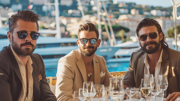 Tre uomini eleganti che si godono una giornata di sole in un caffè all'aperto incontro casuale dalla marina tema di amicizia e relax con copia spazio AI