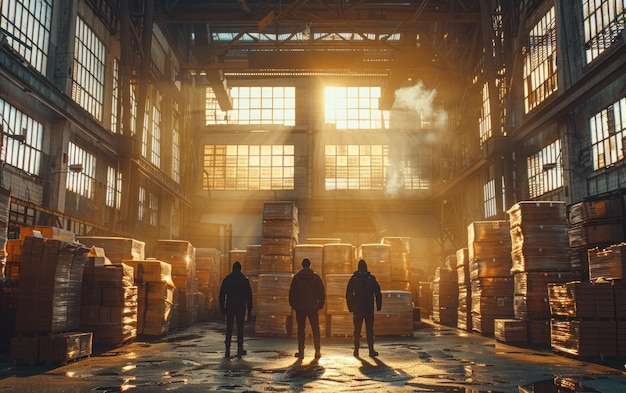 Tre uomini sono in piedi nel mezzo dell'enorme sala industriale con una luce brillante alla fine della giornata