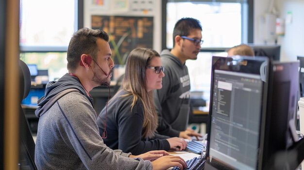 Tre uomini stanno lavorando ai computer in una stanza.