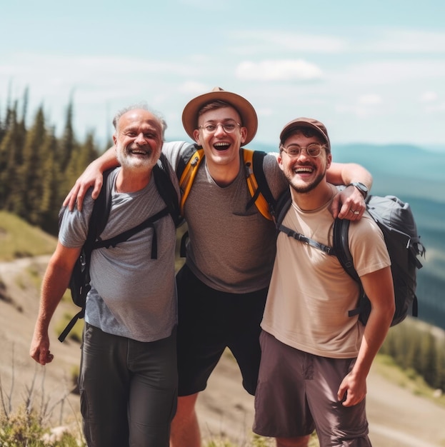 Tre uomini stanno su una montagna