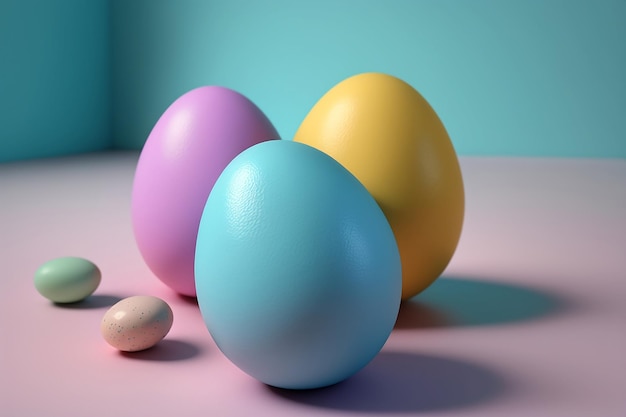 Tre uova colorate su un tavolo con uno di loro etichettato "Pasqua"