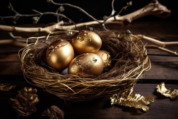 Tre uova d'oro in un nido di uccelli su un tavolo IA generativa