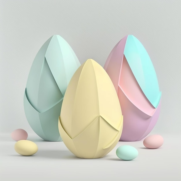 Tre uova di pasqua color pastello si siedono su un tavolo bianco.