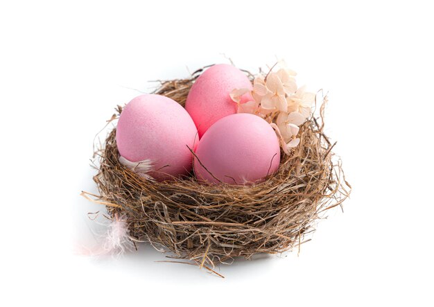 Tre uova rosa in un nido decorato con fiori su sfondo bianco. Vista laterale, primo piano. Il concetto di Pasqua.