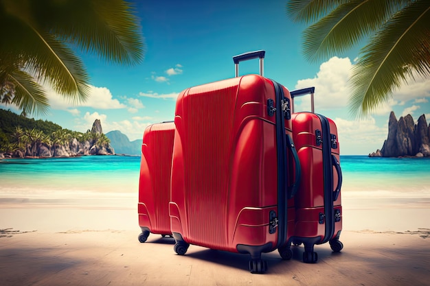 Tre valigie disposte sulla riva sabbiosa di una splendida spiaggia tropicale con palme