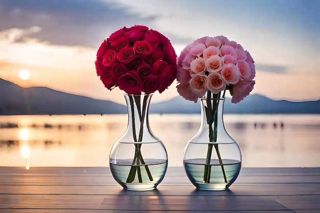 Tre vasi con fiori dentro, uno dei quali è rosa e l'altro è un lago.