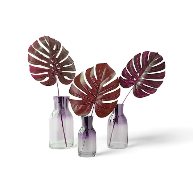 Tre vasi in vetro viola con foglie viola e rosse