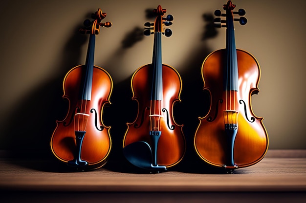 Tre violini sono seduti uno accanto all'altro su uno scaffale.