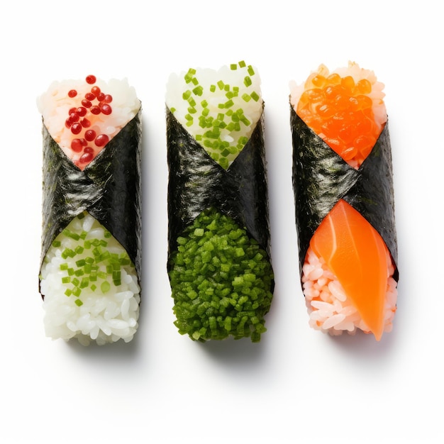 Tre vivaci rotoli di sushi pieni di verdure fresche colorate