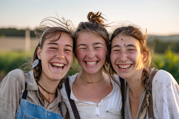 Tre volti gioiosi di giovani agricoltrice europee