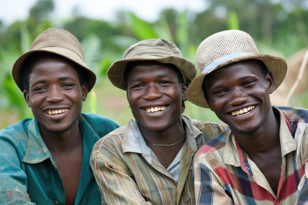 Tre volti sorridenti di giovani agricoltori