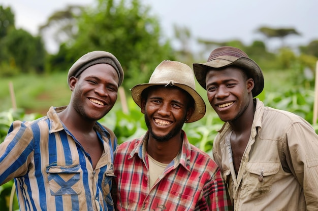 Tre volti sorridenti di giovani agricoltori