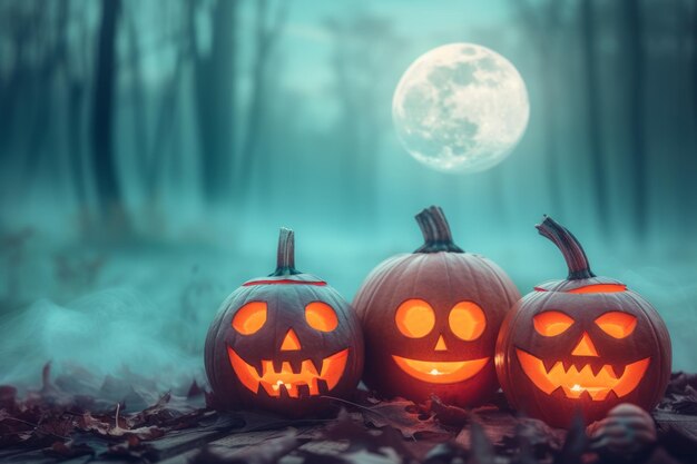 Tre zucche di Halloween in una foresta spettrale di notte