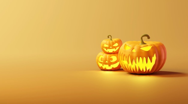 Tre zucche di Halloween Jack O' Lantern. illustrazione 3d