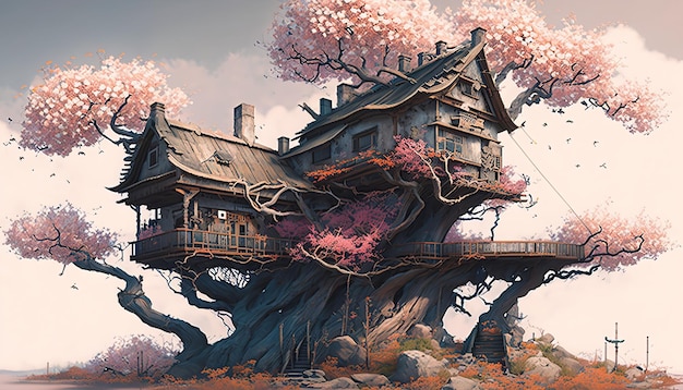 Treehouse su una montagna, con albero in fiore. IA generativa.