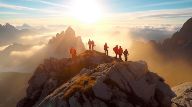 Trekker che guardano su una cima di montagna al tramonto Vita attiva viaggi invernali escursionismo concetto di natura