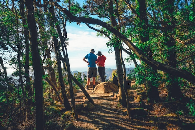 Trekkers che fanno un'escursione nella foresta della Tasmania, Australia.