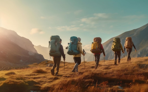 Trekking uomo viaggio natura gruppo escursioni in montagna escursioni turistiche stile di vita passeggiate IA generativa