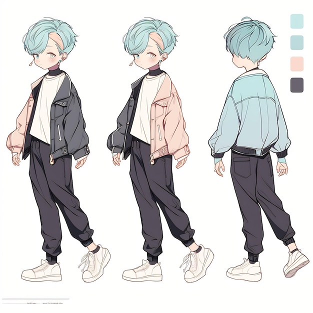 Trendy Anime Boy Character Turnaround Concept Art Sheet che mostra il design elegante di un bell'adolescente