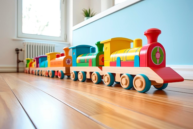 Trenino in legno colorato sul pavimento Stanza dei bambini