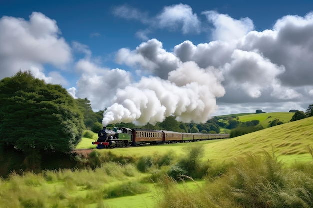 Treno a vapore che sbuffa attraverso un lussureggiante paesaggio verde con nuvole nel cielo creato con l'IA generativa