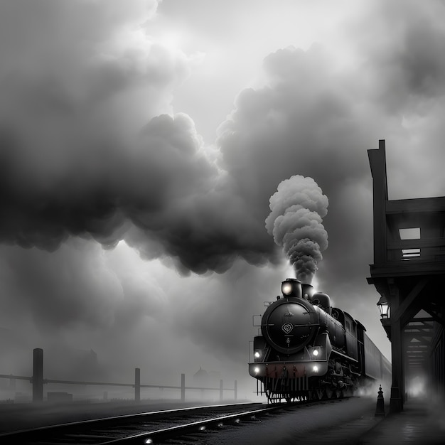 Treno a vapore in arrivo fumo dal camino vintage illustrazione in bianco e nero urbanistica ai generato
