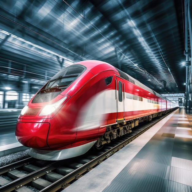 Treno ad alta velocità in movimento sulla stazione ferroviaria al tramonto Generative Ai