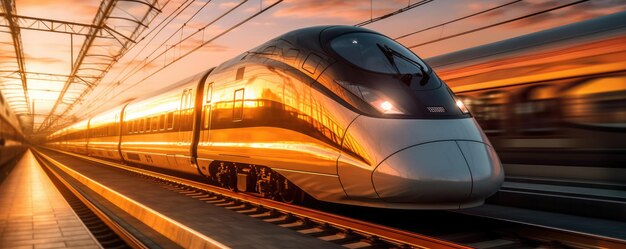 Treno ad alta velocità in movimento sulla stazione ferroviaria alla luce del tramonto Generative ai