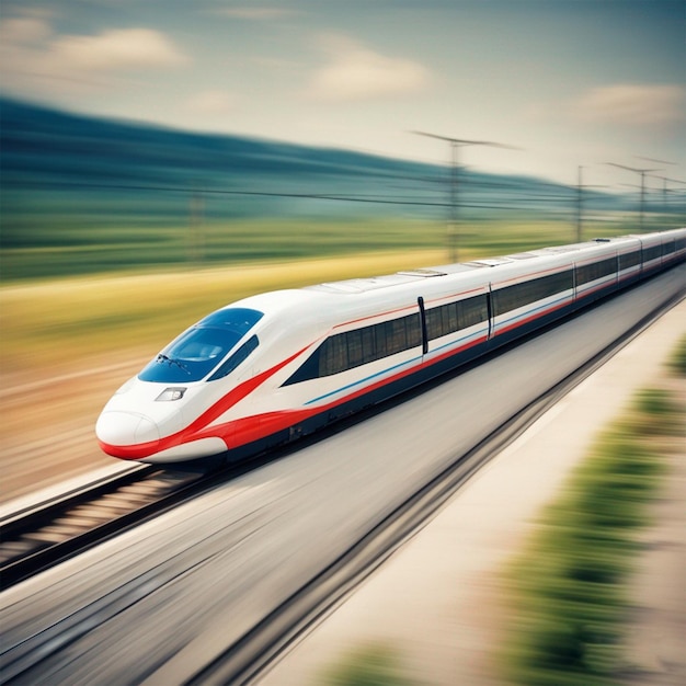 Treno ad alta velocità moderno in una giornata limpida con motion blur ai generato