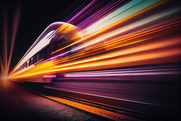 Treno ad alta velocità sulla strada di notte con effetto motion blurgenerativo ai