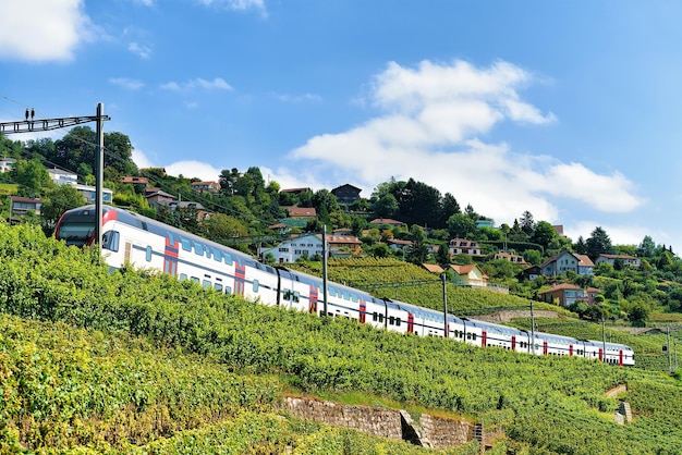 Treno al sentiero escursionistico Lavaux Vineyard Terraces, distretto svizzero di Lavaux-Oron