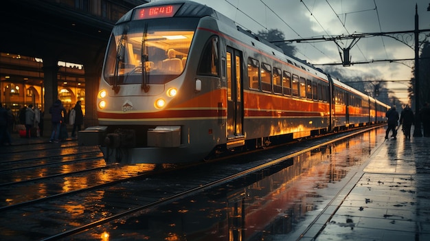 Treno che attraversa una stazione ferroviaria accanto a una piattaforma.