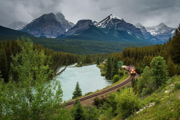 Treno che passa attraverso la curva di Morant nel parco nazionale di Banff della valle di prua