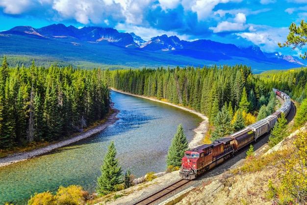 Treno che passa la curva del famoso Morant a Bow Valley in autunno