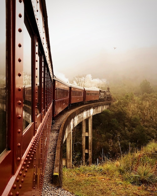 Treno che si muove sul ponte ferroviario contro il cielo durante il tempo nebbioso
