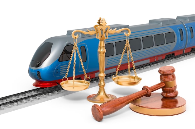 Treno con martelletto di legno e bilancia della giustizia rendering 3D