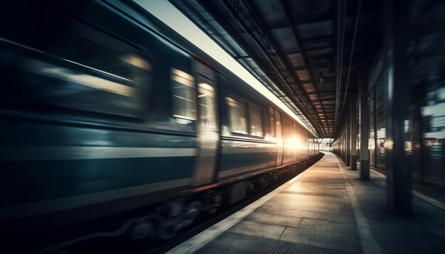 Treno dell'ora di punta che lascia la stazione movimento sfocato generato dall'intelligenza artificiale