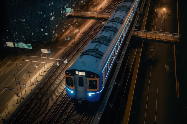 Treno della metropolitana su raiss in una grande città Generative Ai