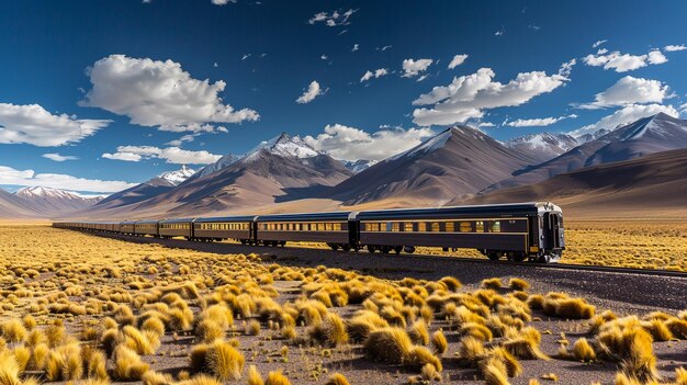 Treno di lusso che attraversa montagne panoramiche sotto un cielo blu