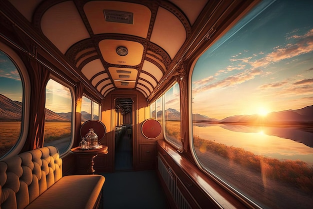 Treno di lusso con vista del tramonto durante il lungo viaggio